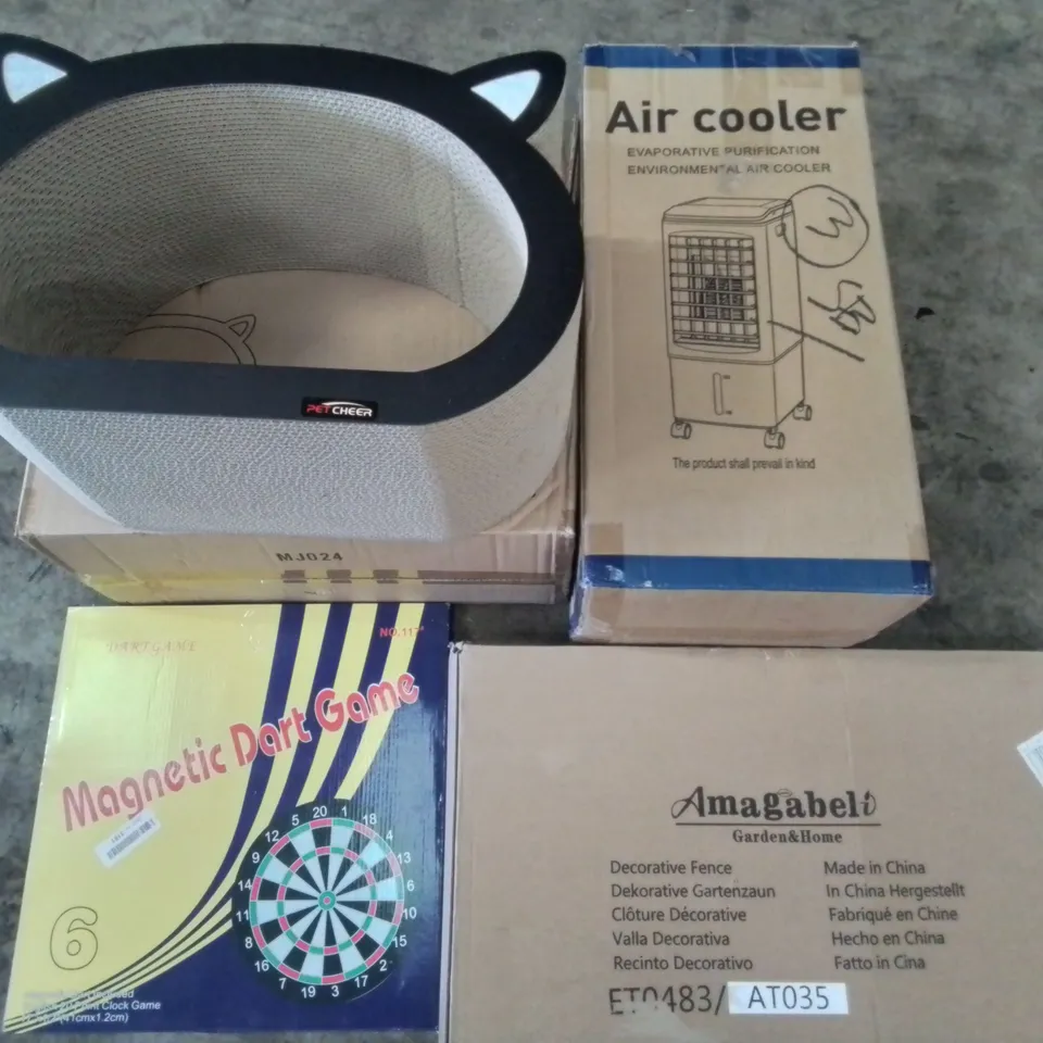 PALLET OF ASSORTED HOUSEHOLD ITEMS TO INCLUDE AIR COOLER, PET SCRATCHER AND DECORATIVE FENCE