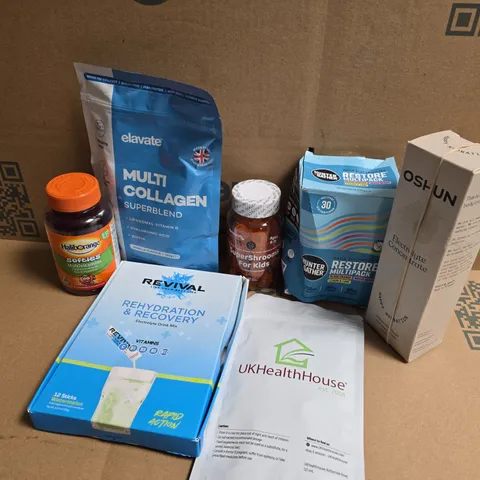 APPROXIMATELY 15 ASSORTED VITAMIN/HEALTH AID PRODUCTS TO INCLUDE REVIVAL ELECTROLYTE DRINK MIX, HUNTER & GATHER RESTORE MULTIPACK, ELAVATE MULTI COLLAGEN SUPERBLEND, ETC - COLLECTION ONLY