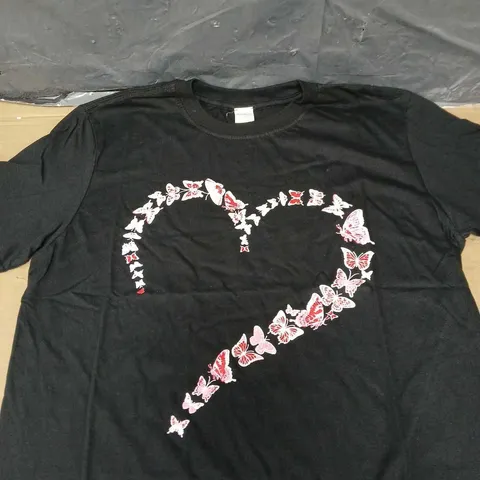 BOX OF APPROXIMATELY 20 LADIES T-SHIRTS - BLACK WITH BUTTERFLY HEART MOTIF - SIZE S/M