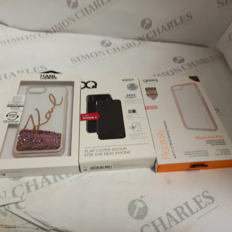 BOX OF ASSORTED IPHONE CASES TO INCLUDE KARL LAGERFIELD, XQISIT, GEAR4 ETC