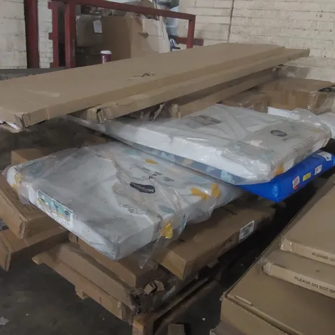 PALLET CONTAINING A LARGE QUANTITY OF ASSORTED FURNITURE PARTS AND COT MATTRESSES ECT