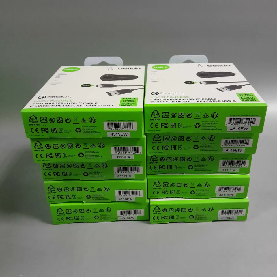 10 X BOXED BELKIN BOOST CHARGE 18W USB C CAR CHARGERS