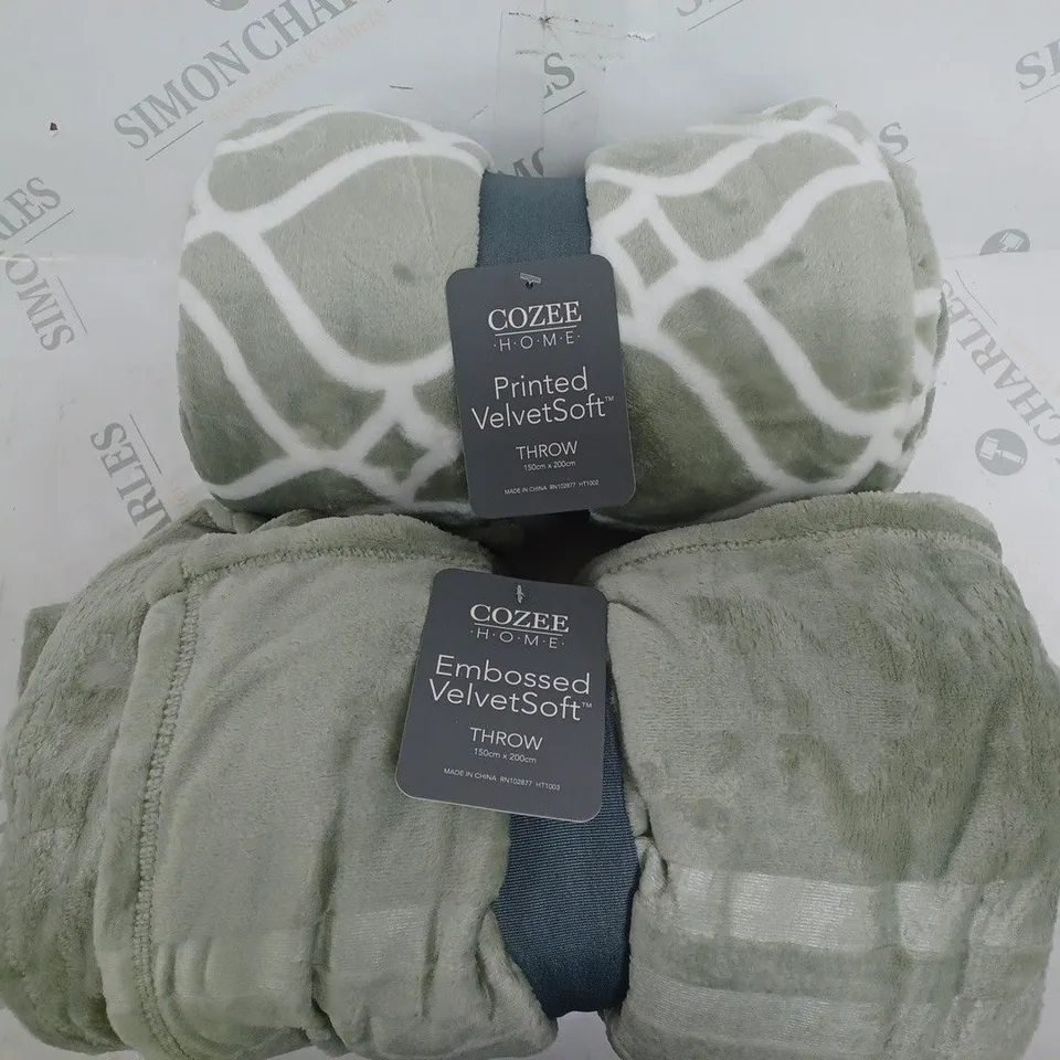 COZEE HOME SET OF 2 VELVETSOFT PRINT & EMBOSSED THROWS SAGE