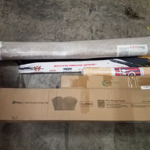 PALLET CONTAINING ASSORTED PRODUCTS INCLUDING PVC PRIVACY FENCE, GROW LIGHT, WALLPAPER, WEIGHTLIFTING POWERLIFTING LEATHER BELT & CARPET