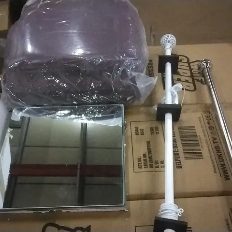 PALLET OF ASSORTED ITEMS INCLUDING , CURTAIN POLE, TOWEL RAIL , SEAT CUSHIONS AND WALL MIRROR DECOR