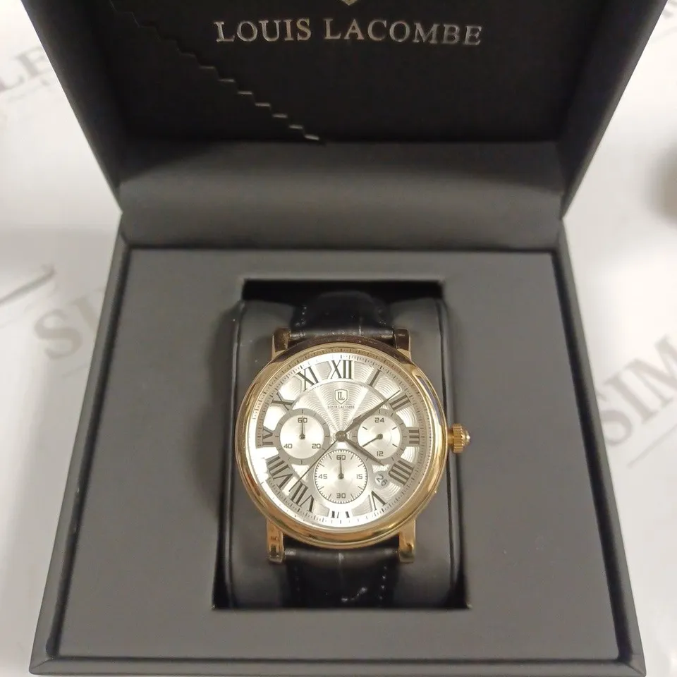 LOUIS LACOMBE CHRONOGRAPH ROMAN NUMERAL WAVE TRIPLE DIAL BLACK LEATHER STRAP WRISTWATCH