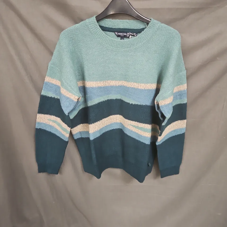 WEIRD FISH KNIT JUMPER – STRIPED CREW NECK, UK 14