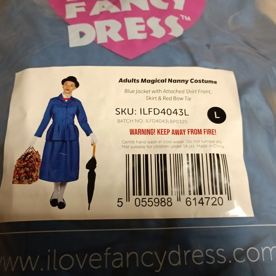 ADULTS MAGICAL NANNY COSTUME – BLUE (UK SIZE L) – JACKET WITH SHIRT, SKIRT & RED BOW TIE