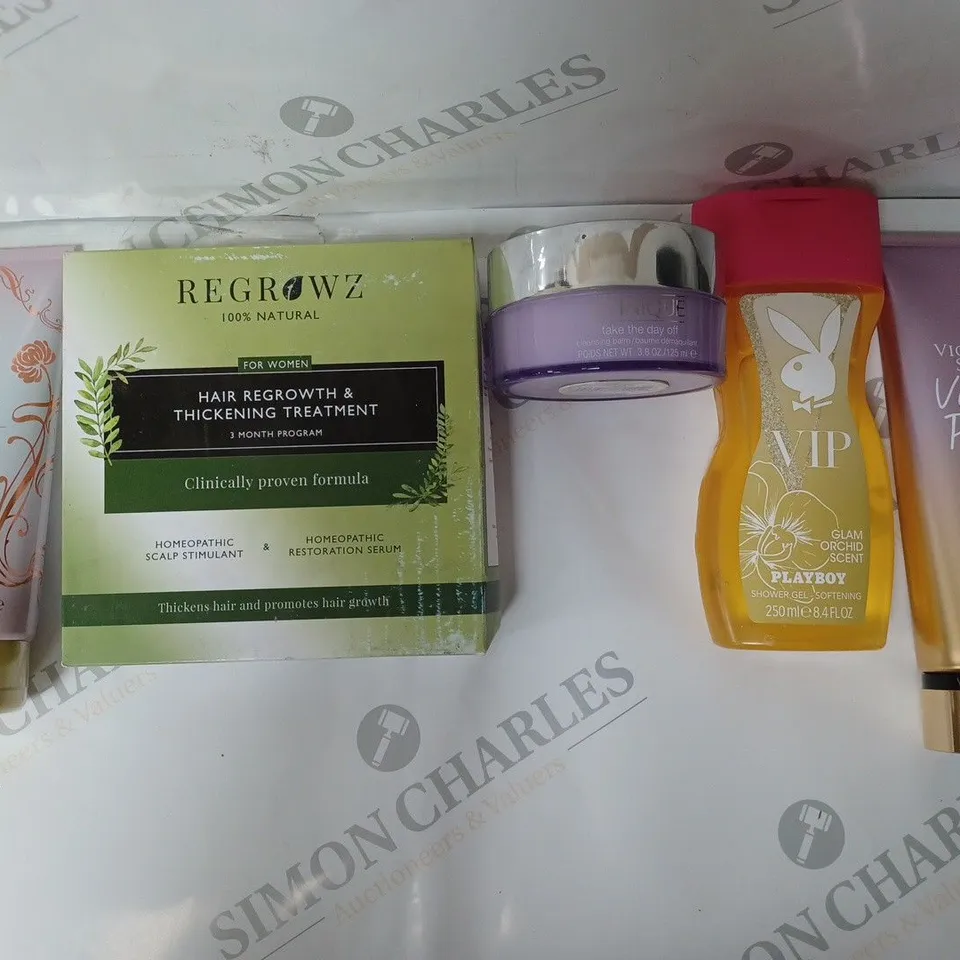BOX OF APPROX 12 ASSORTED BEAUTY PRODUCTS TO INCLUDE REGROWZ HAIR THICKENING TREATMENT, JESSICA SIMPSON FANCY BODY LOTION, CLINIQUE CLEANSING BALM, ETC.
