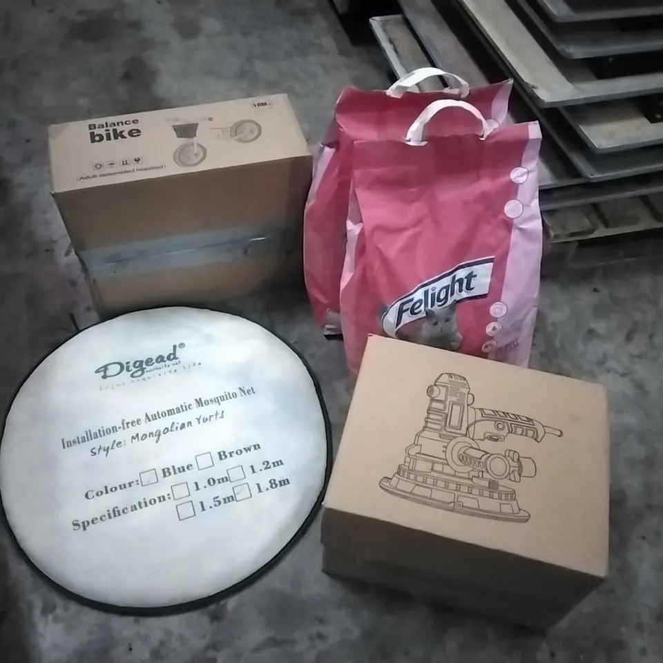 PALLET OF HOUSEHOLD ITEMS TO INCLUDE BALANCE BIKE, CAT LITTER, MOSQUITO NET, SANDER AND OTHER ASSORTED ITEMS...