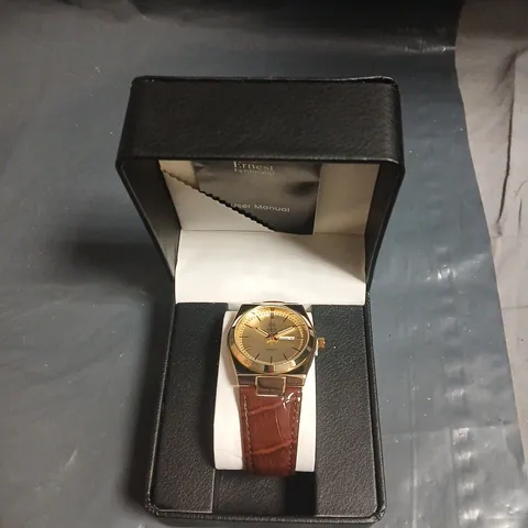 ERNEST FERDINAND EF WATCH – GOLD-TONE CASE, BROWN LEATHER STRAP 