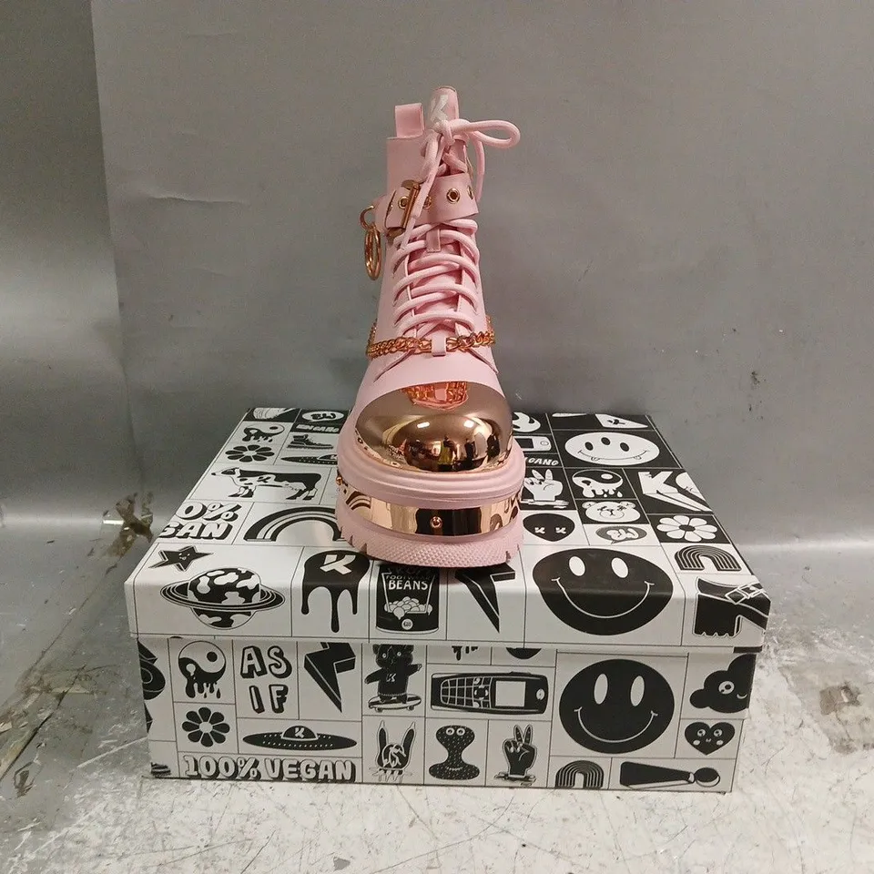 BOXED PAIR OF KOI ROSE GOLD BORIN HARDWARE PLATFORM BOOTS IN PINK/ROSE GOLD SIZE UK 6