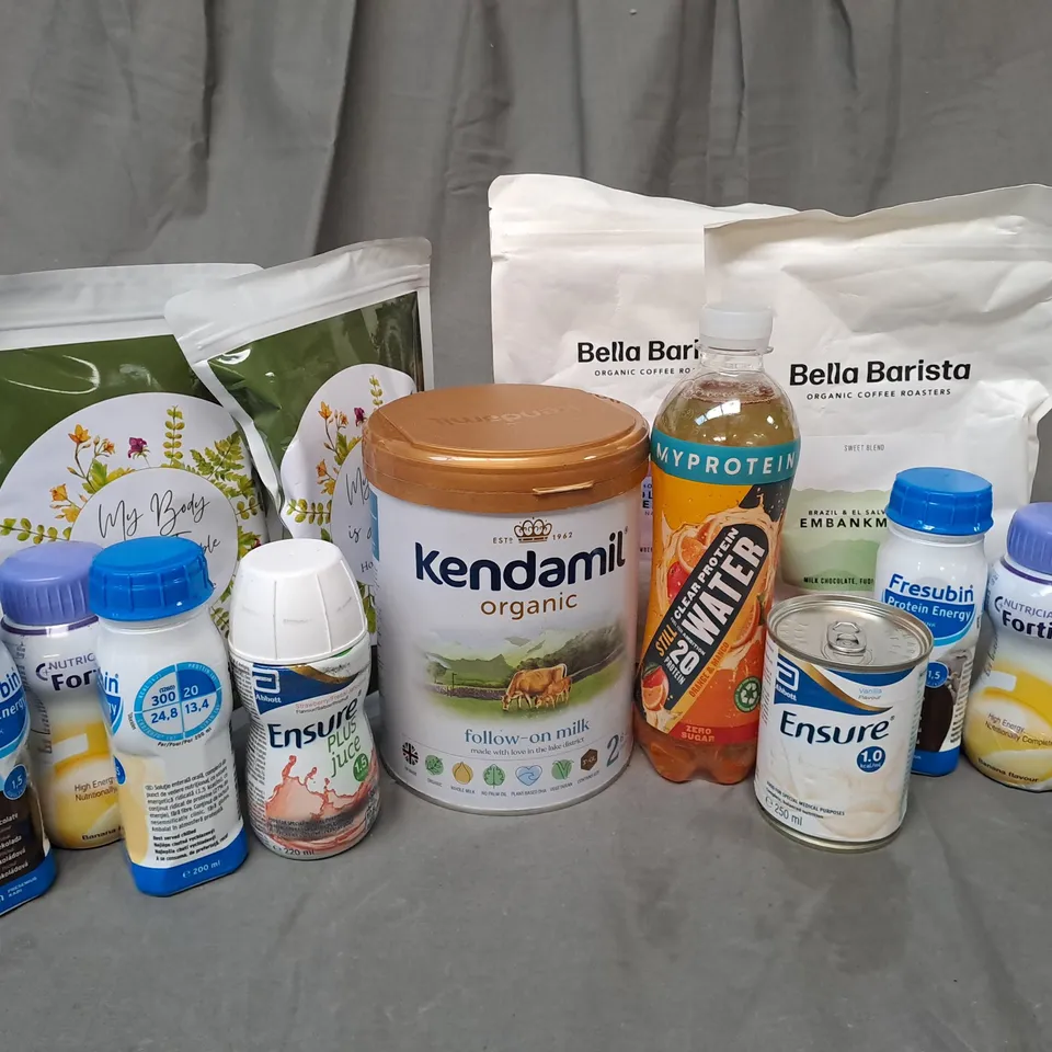 APPROXIMATELY 13 ASSORTED FOOD AND DRINK PRODUCTS TO INCLUDE BELLA BARISTA HONDURAS YOLANDA UREA ARITA COFFEE BEANS, KENDAMIL ORGANIC FOLLOW-ON MILK, MY BODY IS A TEMPLE HORMONE RESTORE NATURAL TEA