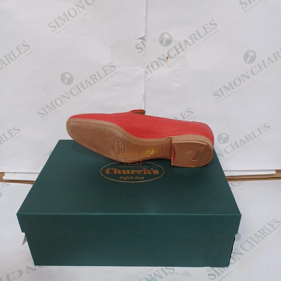 PAIR OF NORTHAMPTON, ENGLAND CHURCH'S FLORAL LINEN SHOES- RED/GOLD / SIZE: 37.5 EU 