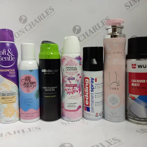 BOX OF APPROX 12 ASSORTED AEROSOLS TO INCLUDE GILLETTE SHAVE GEL, IMPERIAL LEATHER FOAM BODY WASH, YARA AIR FRESHENER, ETC