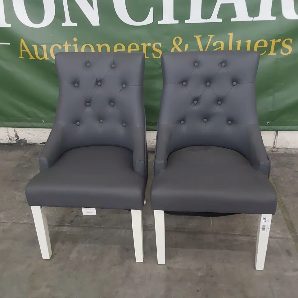 PAIR OF UPHOLSTERED BUTTONED BACK DINING CHAIRS GREY PU ON WHITE PAINTED LEGS 