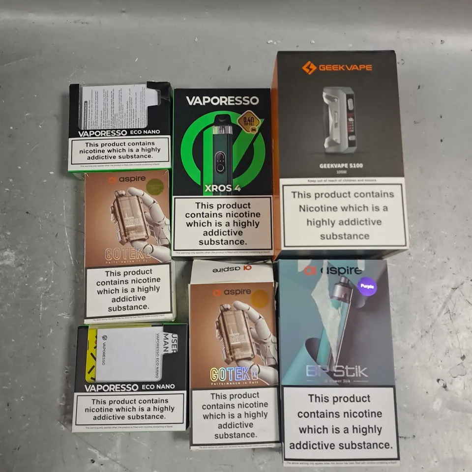 APPROXIMATELY 20 VAPES & E-CIGARETTES TO INCLUDE GEEKVAPE S100, VAPORESSO XROS 4, ASPIRE GOTEK X ETC