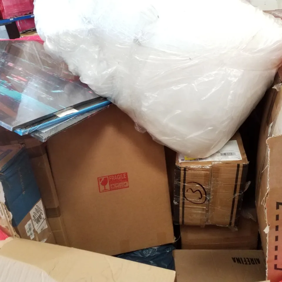 PALLET CONTAINING ASSORTED PRODUCTS INCLUDING DUAL ZONE AIR FRYER, VINYL FLOORING CUTTER, WRAPPED CANVAS PRINTS, ROLLER BLIND & CHEST OF DRAWERS 