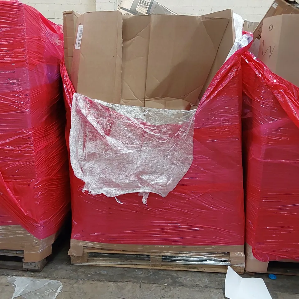 PALLET OF ASSORTED ITEMS INCLUDING: AIR FRYER, PET CRATE, COMPUTER DESK, 6FT ARTIFICIAL CHRISTMAS TREE