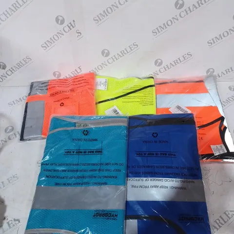 APPROXIMATELY 5 ASSORTED HI-VIS SAFETY VESTS IN VARIOUS COLOURS AND SIZES