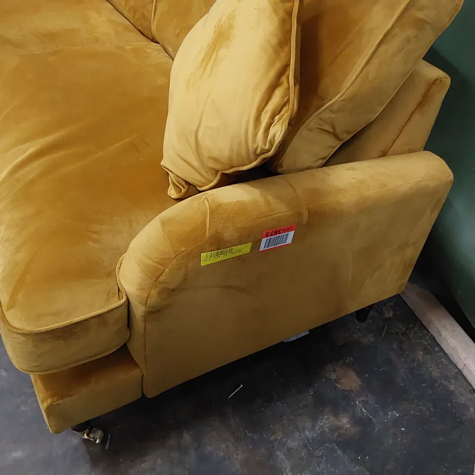 DESIGNER FABIOLA THREE SEATER SOFA MUSTARD PLUSH FABRIC ON BRASS CASTOR FEET