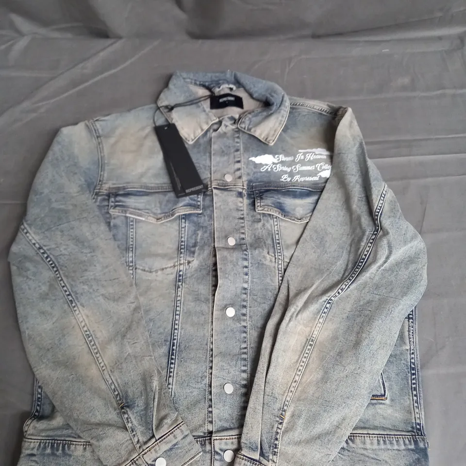 REPRESENT STORMS IN HEAVEN DENIM JACKET IN BLUE CREAM SIZE S