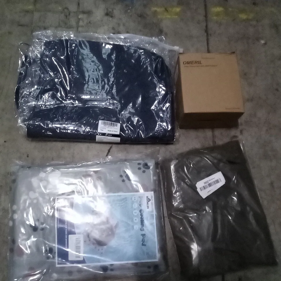 PALLET OF ASSORTED ITEMS INCLUDING SOLAR LIGHTING , FAUX LEATHER BAGS , PET COOLING PADS , ETC 