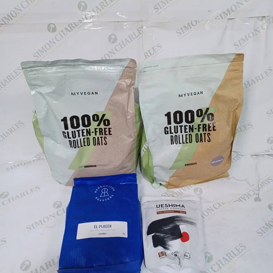 LOT TO CONTAIN APPROX. 4 X ASSORTED FOOD & DRINKS PRODUCTS. INCLUDES 2 X 2.5KG BAGS OF GLUTEN-FREE ROLLED OATS SUPPLEMENT & 2 X BAGS OF COFFEE