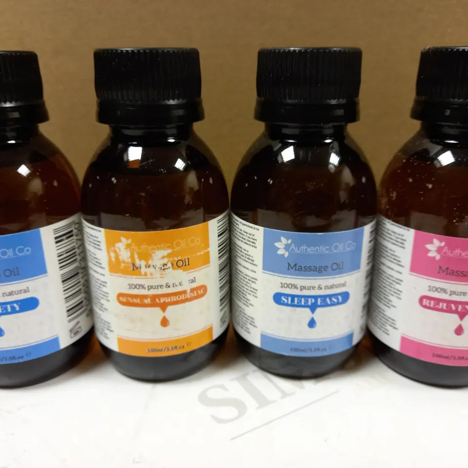BOX OF 4 AUTHENTIC OIL CO MASSAGE OILS TO INCLUDE REJUVENATING, ANXIETY AND SLEEP EASY OILS