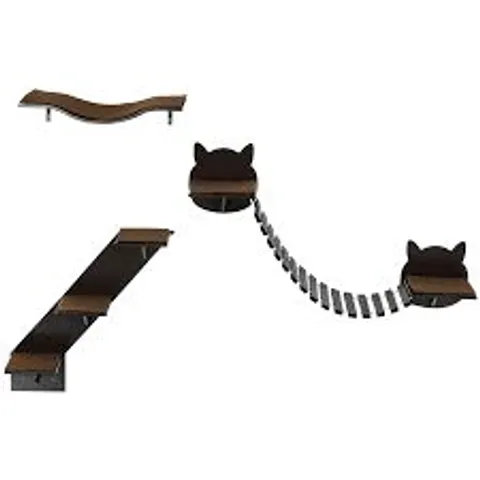 BOXED PAWHUT THREE-PIECE WALL-MOUNTED CAT SHELVES W/ JUMPING PLATFORMS, LADDERS - BROWN