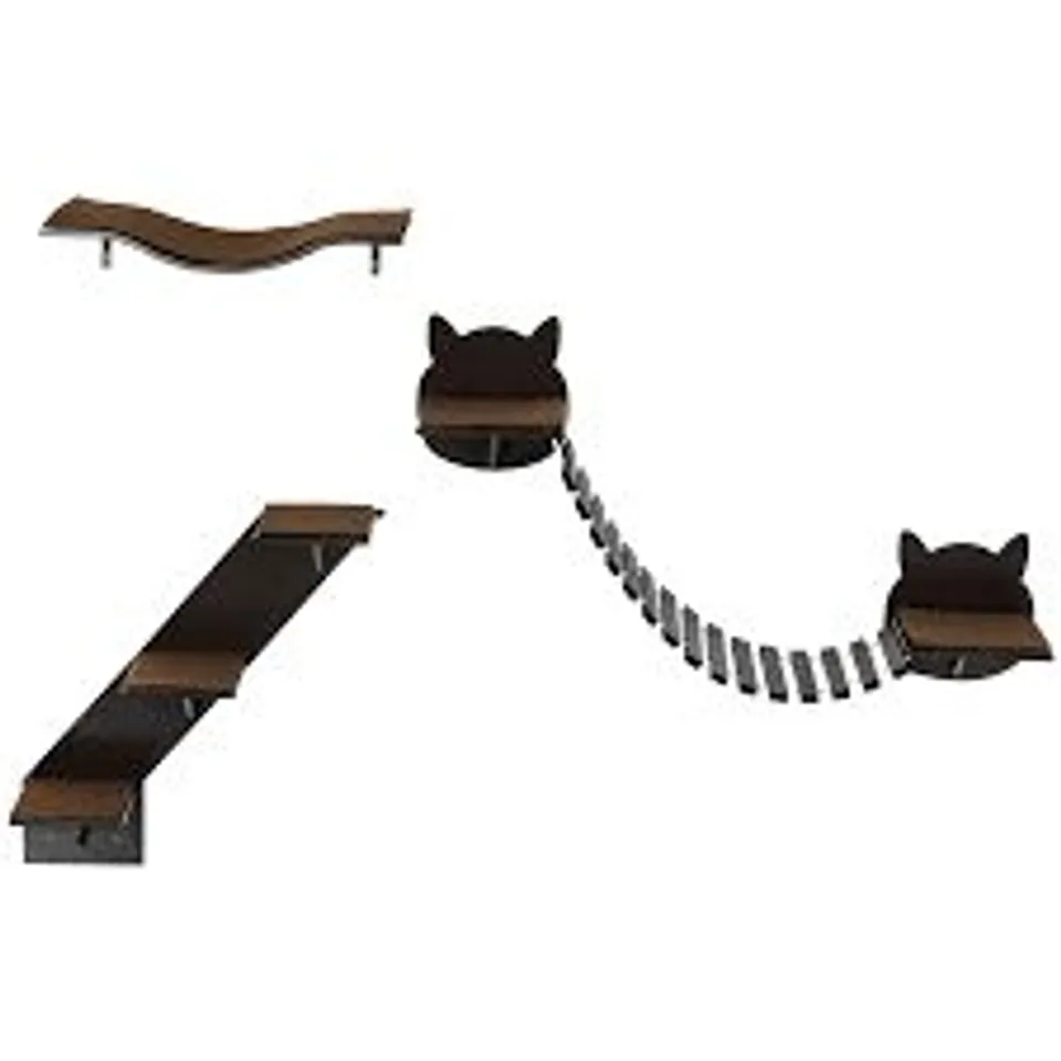 BOXED PAWHUT THREE-PIECE WALL-MOUNTED CAT SHELVES W/ JUMPING PLATFORMS, LADDERS - BROWN