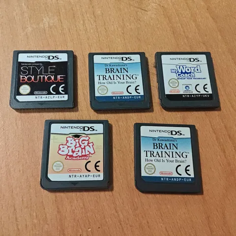 LOT OF 5 UNBOXED NINTENDO DS GAMES TO INCLUDE STYLE BOUTIQUE AND BRAIN TRAINING