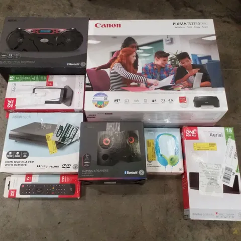 PALLET CONTAINING ASSORTED ELECTRICAL PRODUCTS INCLUDING BLUETOOTH CD BOOMBOX, CANON PIXMA TS3350 PRINTER, AERIALS, HDMI  DVD PLAYER, GAMING SPEAKERS & UNIVERSAL REMOTE