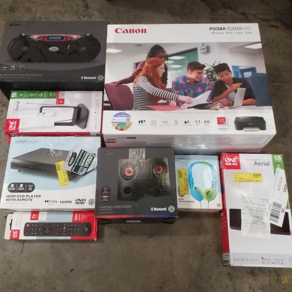 PALLET CONTAINING ASSORTED ELECTRICAL PRODUCTS INCLUDING BLUETOOTH CD BOOMBOX, CANON PIXMA TS3350 PRINTER, AERIALS, HDMI  DVD PLAYER, GAMING SPEAKERS & UNIVERSAL REMOTE