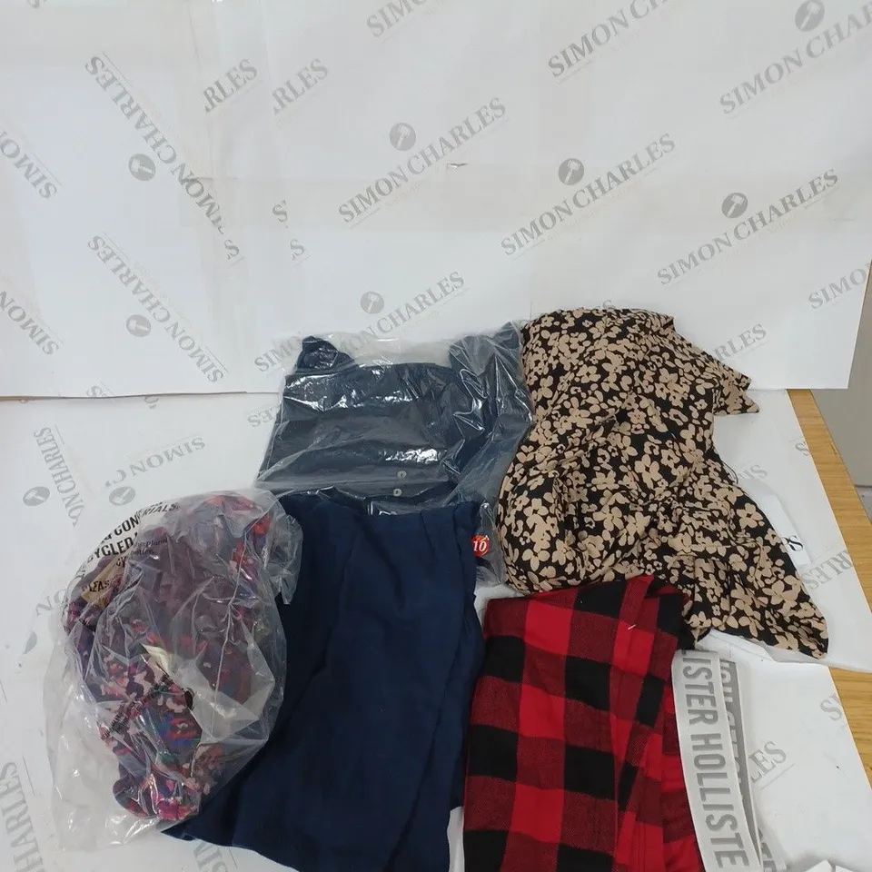 LARGE BOX OF ASSORTED CLOTHING ITEMS IN VARIOUS COLOURS AND SIZES INCLUDING TROUSERS , TOPS AND JUMPERS 