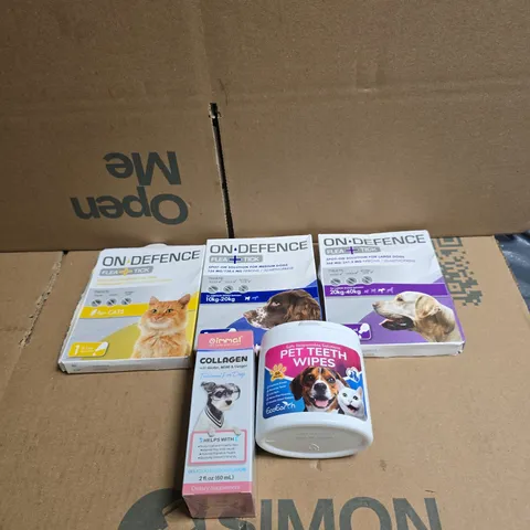 TOTE OF APPROXIMATELY 20 ASSORTED PET PRODUCTS TO INCLUDE ON DEFENCE FLEA AND TICK, PET TEETH WIPES ETC 
