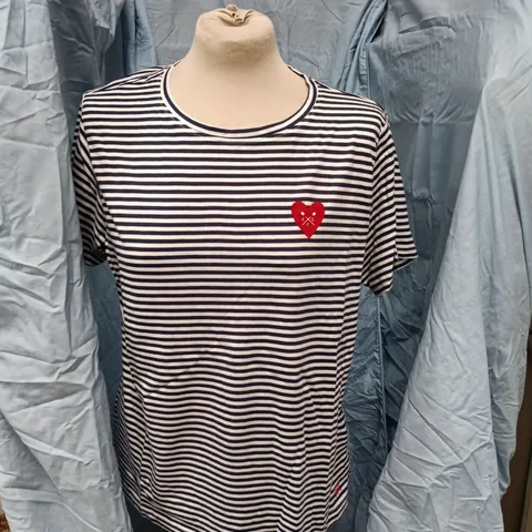 CREW CLOTHING COMPANY STRIPED NAVY & WHITE FLOCK HEART GRAPHIC TEE – UK 14