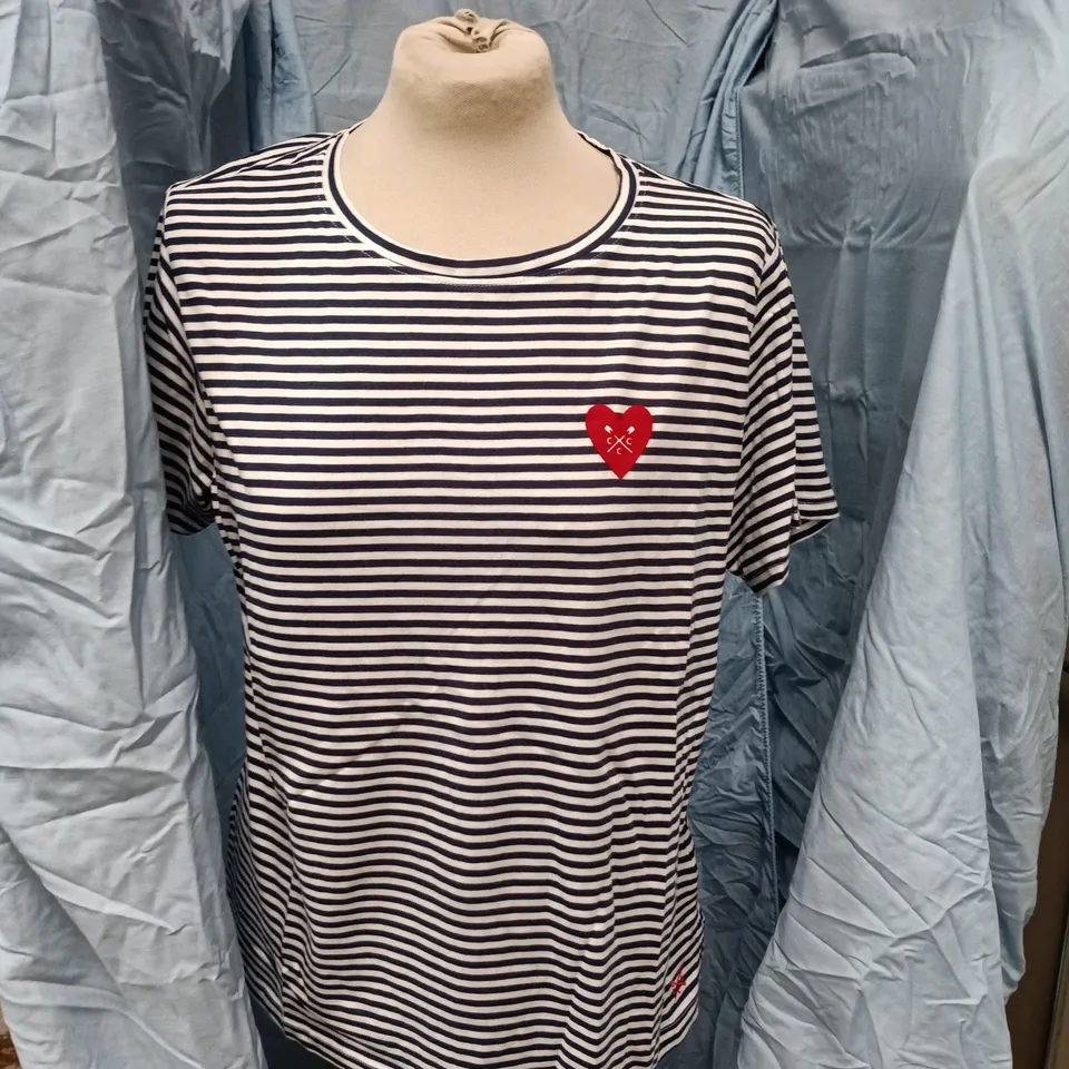 CREW CLOTHING COMPANY STRIPED NAVY & WHITE FLOCK HEART GRAPHIC TEE – UK 14