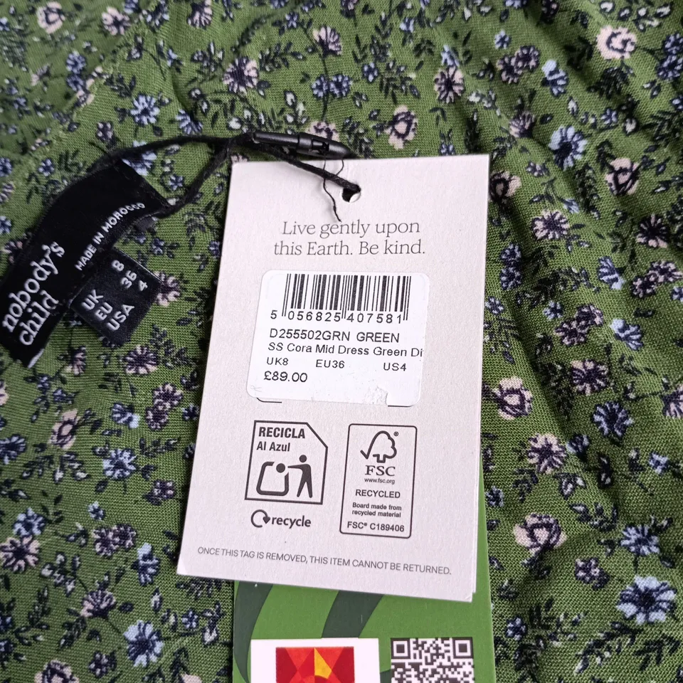 NOBODY'S CHILD CORA MID DRESS – GREEN FLORAL, UK 8