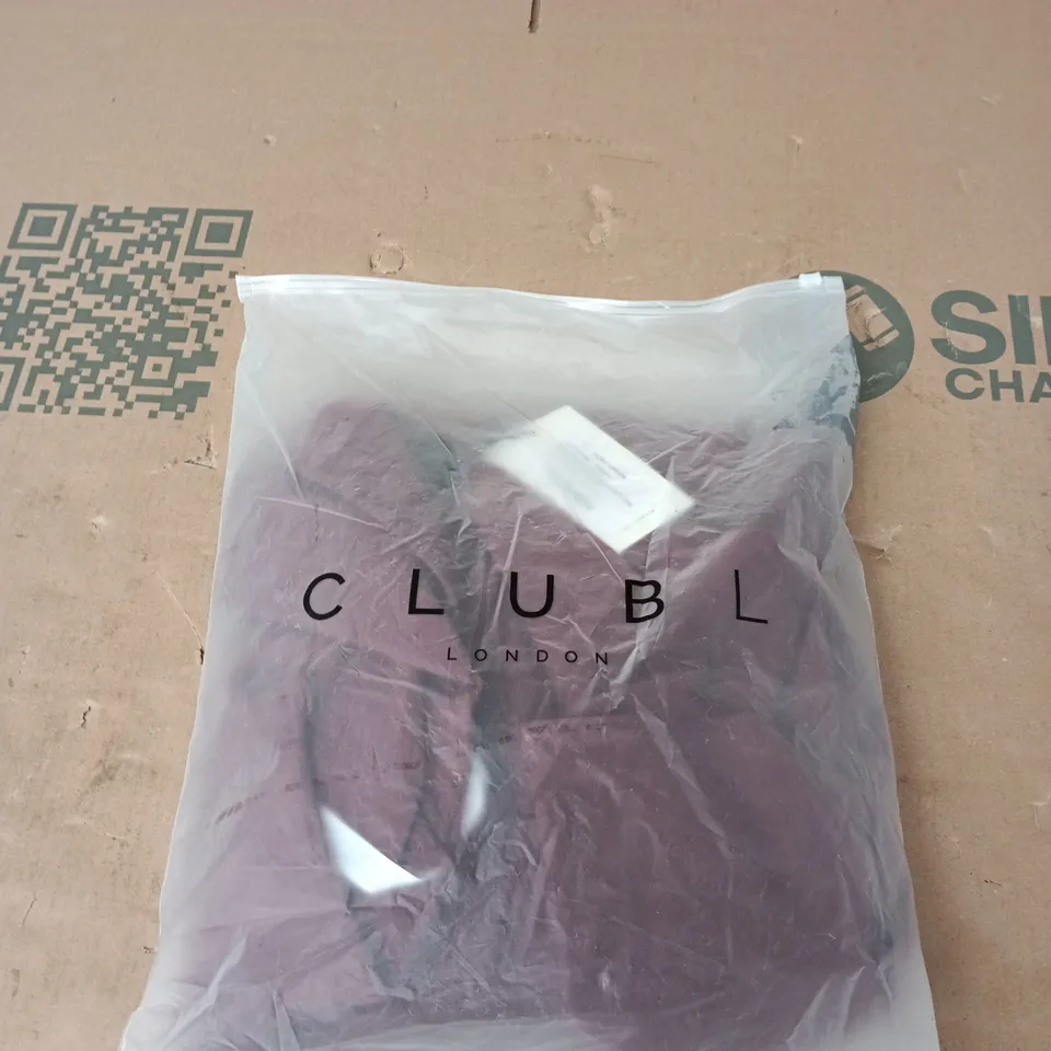 CLUB L LONDON BURGUNDY HIGH-NECK JUMPSUIT WITH ONE-CAPE SLEEVE, UK 6