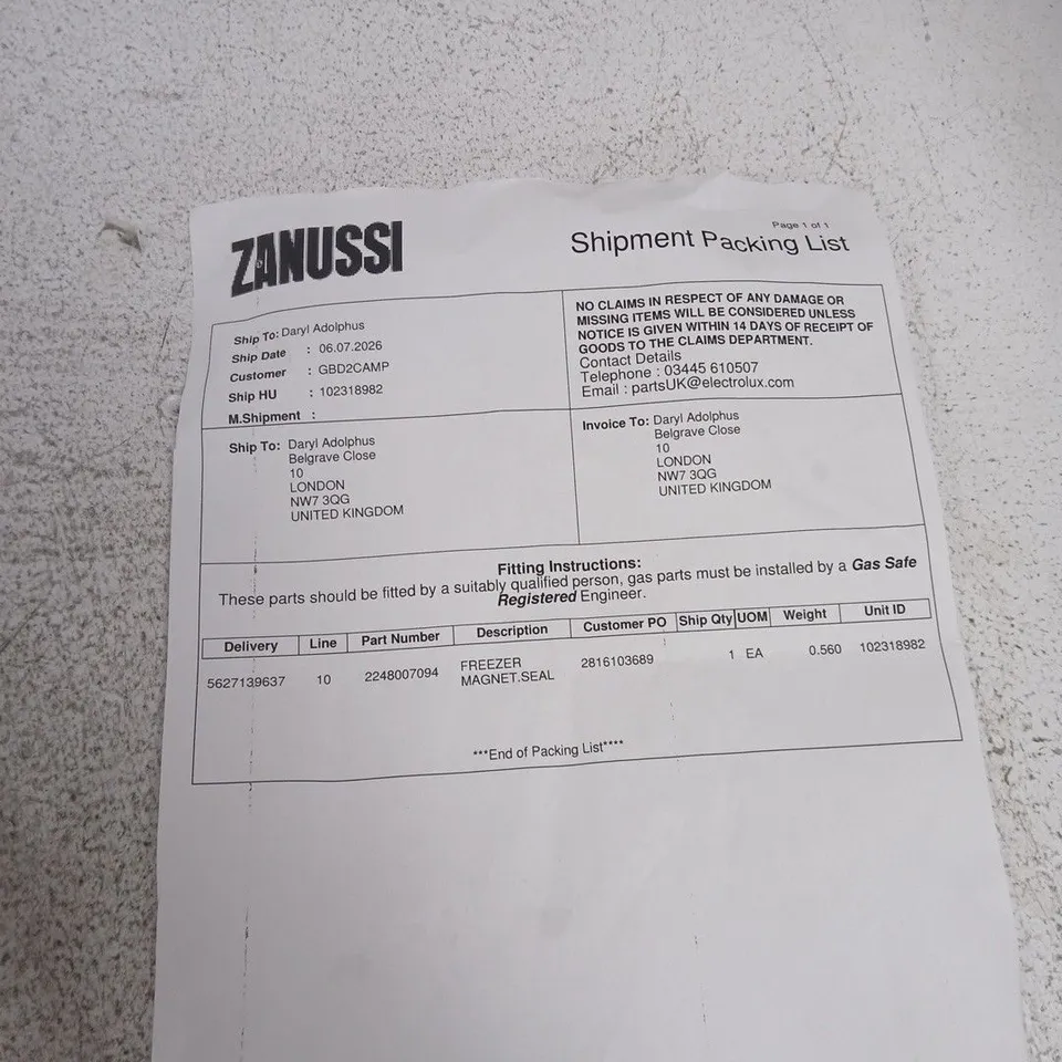 ZANUSSI FREEZER MAGNET SEAL – SPARE PART (PART NO. 2248007094)