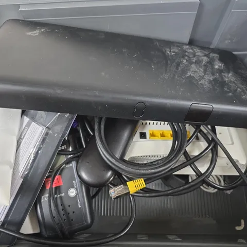 APPROXIMATELY 12 ASSORTED HOUSEHOLD ITEMS TO INCLUDE ROUTERS, CABLES, TV REMOTES, ETC