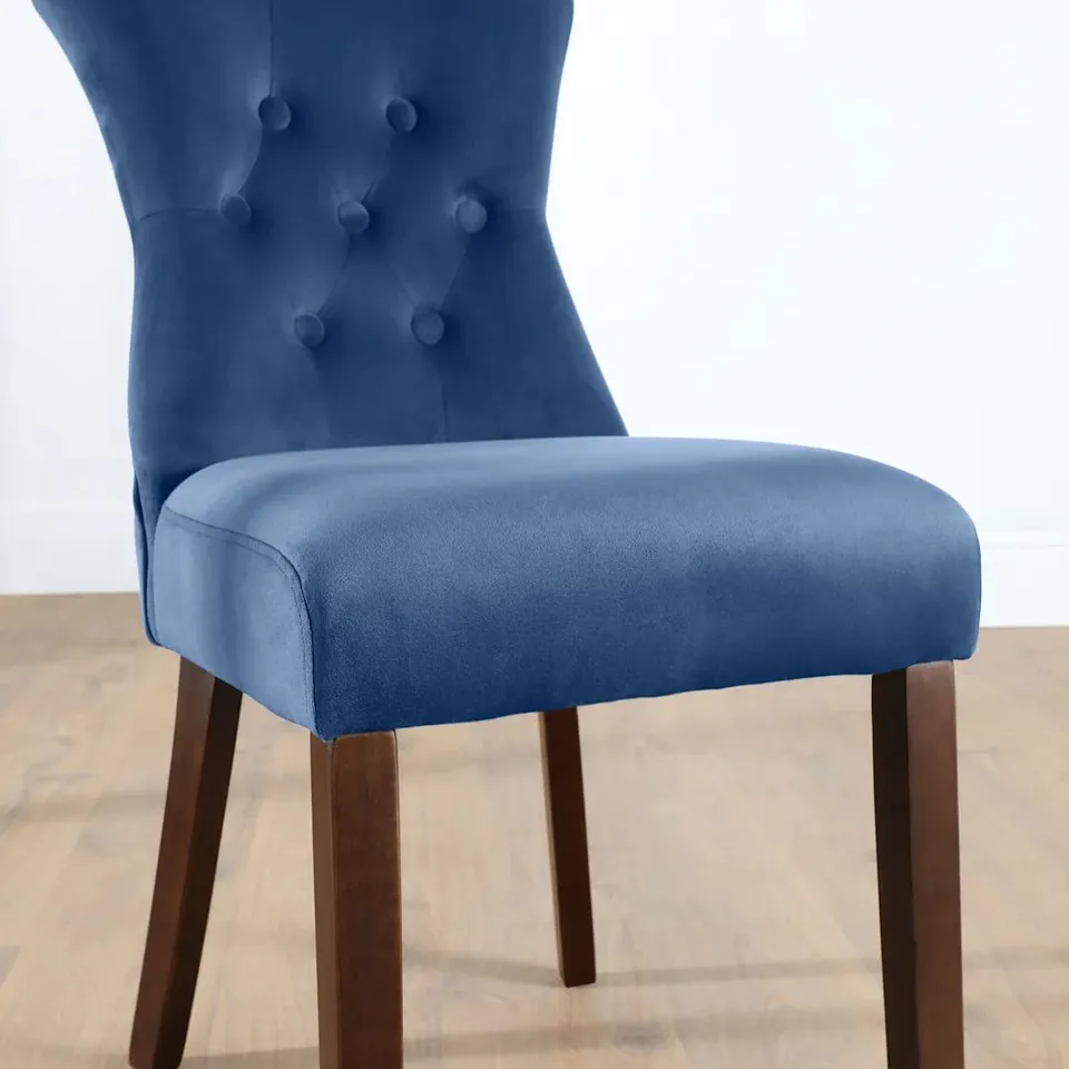 BOXED BEWLEY BLUE VELVET BUTTON BACK DINING CHAIR, (DARK LEG)