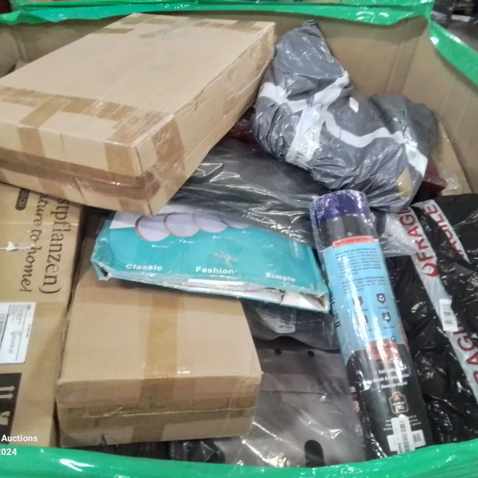 PALLET CONTAINING VARIOUS ASSORTED ITEMS TO INCLUDE: FAKE PLANT, CARPET PROTECTION FILM, TRAVEL BAG ON WHEELS AND LOTS MORE UNMARKED BOXED ITEMS 