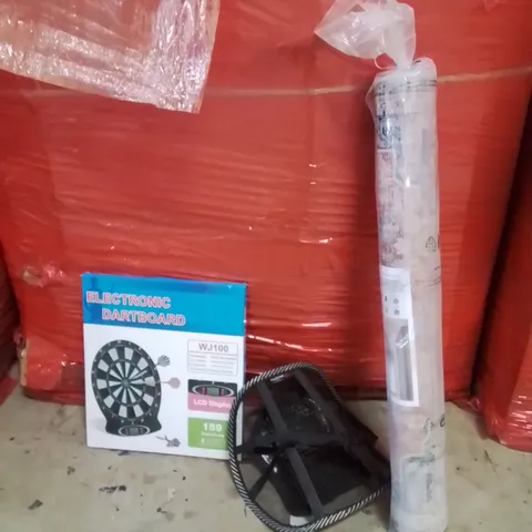 PALLET OF ASSORTED HOUSEHOLD GOODS AND PRODUCTS TO INCLUDE;ELECTRONIC DARTBOARD,BACK MESH SUPPORT,AREA RUG