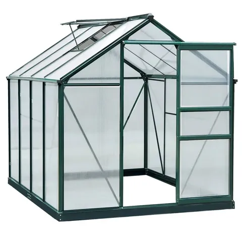 BOXED OUTSUNNY 6 X 8FT POLYCARBONATE GREENHOUSE, LARGE WALK-IN GREEN HOUSE WITH SLIDE DOOR AND WINDOW, GARDEN PLANTS GROW HOUSE WITH ALUMINIUM FRAME AND FOUNDATION, DARK GREEN (2 BOXES)