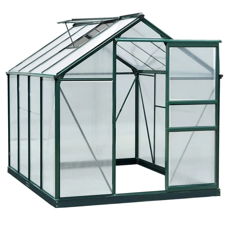 BOXED OUTSUNNY 6 X 8FT POLYCARBONATE GREENHOUSE, LARGE WALK-IN GREEN HOUSE WITH SLIDE DOOR AND WINDOW, GARDEN PLANTS GROW HOUSE WITH ALUMINIUM FRAME AND FOUNDATION, DARK GREEN (2 BOXES)