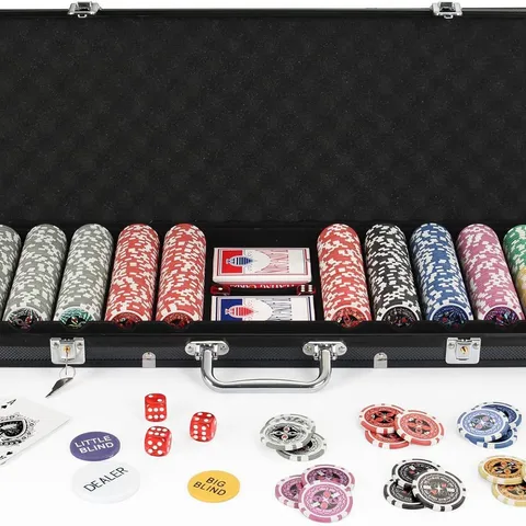 BOXED DISPLAY4TOP TEXAS HOLDEM POKER CHIPS SET WITH ALUMINUM CASE, 2 DECKS OF CARDS, DEALER, SMALL BLIND, BIG BLIND BUTTONS AND 5 DICE (500 PIECE CHIPS)