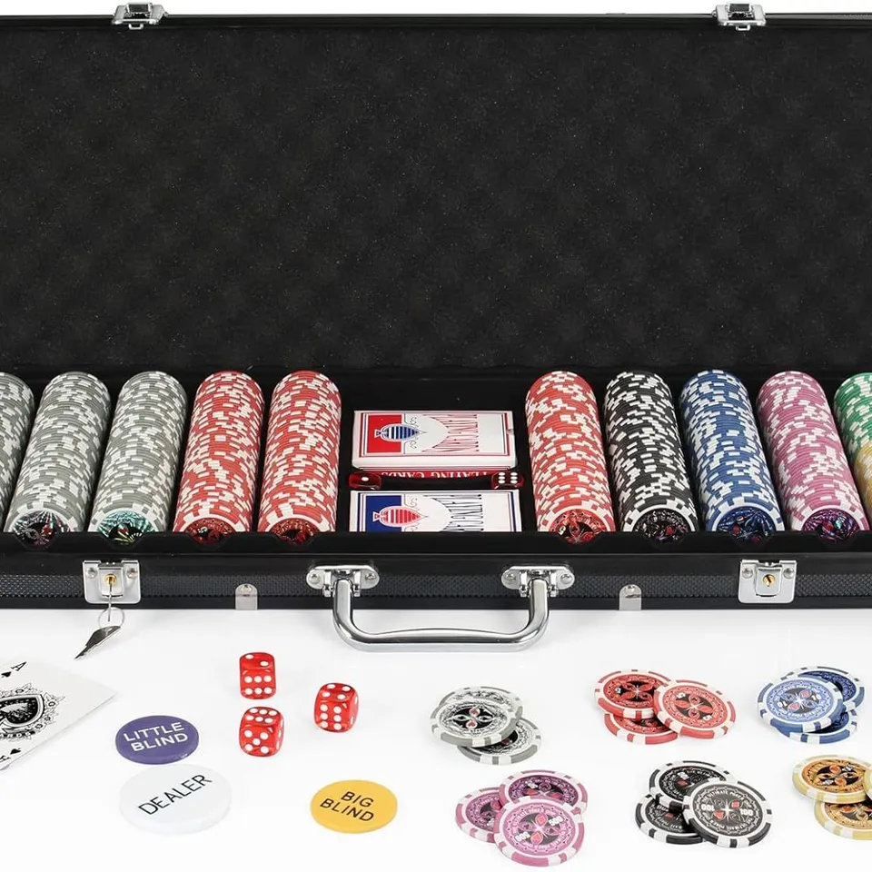 BOXED DISPLAY4TOP TEXAS HOLDEM POKER CHIPS SET WITH ALUMINUM CASE, 2 DECKS OF CARDS, DEALER, SMALL BLIND, BIG BLIND BUTTONS AND 5 DICE (500 PIECE CHIPS)