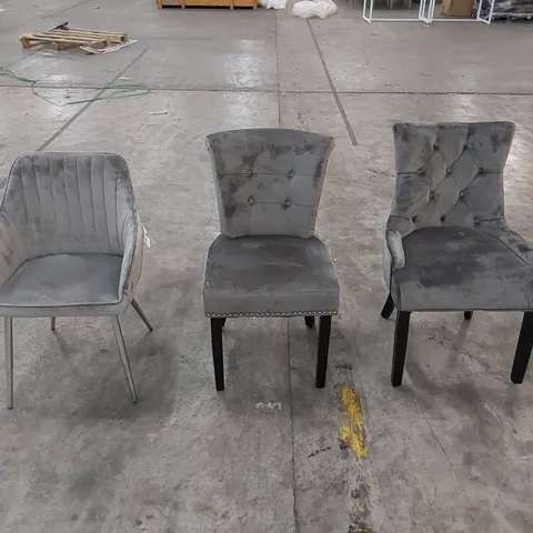 3 X ASSORTED UPHOLSTERED GREY VELVET CHAIRS